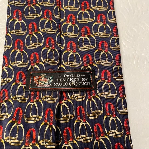 Paolo Gucci Equestrian Navy Blue Red Gold Saddle Stirrups Men’s 100% Silk Tie - Picture 4 of 6